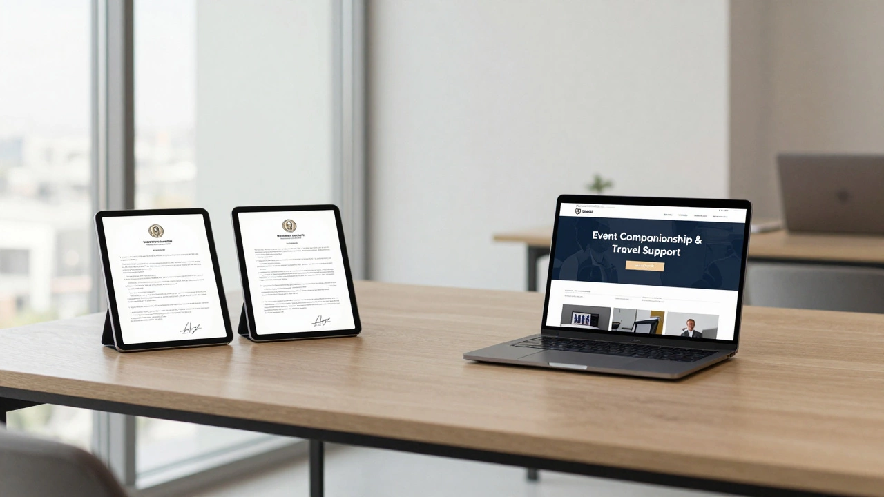 A clean Dubai office with signed digital contracts and a professional website on a laptop, conveying legal companionship services.