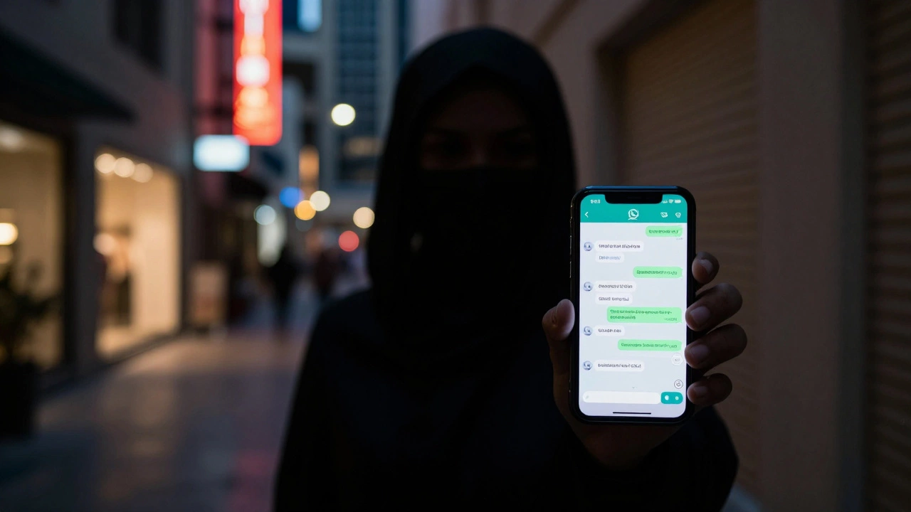 A shadowy figure in a Dubai alley looking at a suggestive WhatsApp message on a phone, cinematic noir lighting.